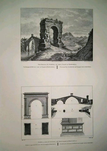 Lamina CATALOGNE, Numero 15: Vista del Puente y Arco Martorell con detalles y cortes del mismo (1813)