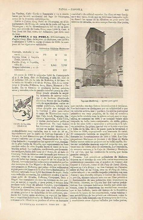 LAMINA ESPASA 19519: Igleisa y escudo de Sapobla en Mallorca