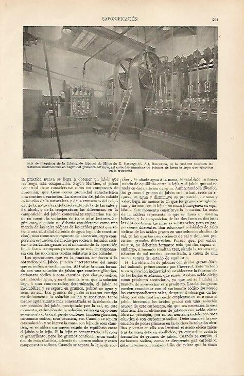 LAMINA ESPASA 19520: Sala de maquinas de la fabrica de jabones E. Barange de Barcelona
