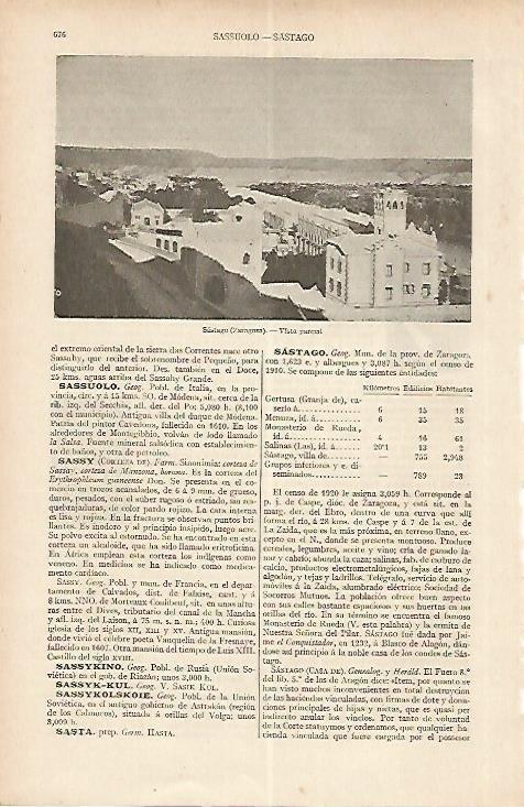 LAMINA ESPASA 19564: Vista de Sastago Zaragoza