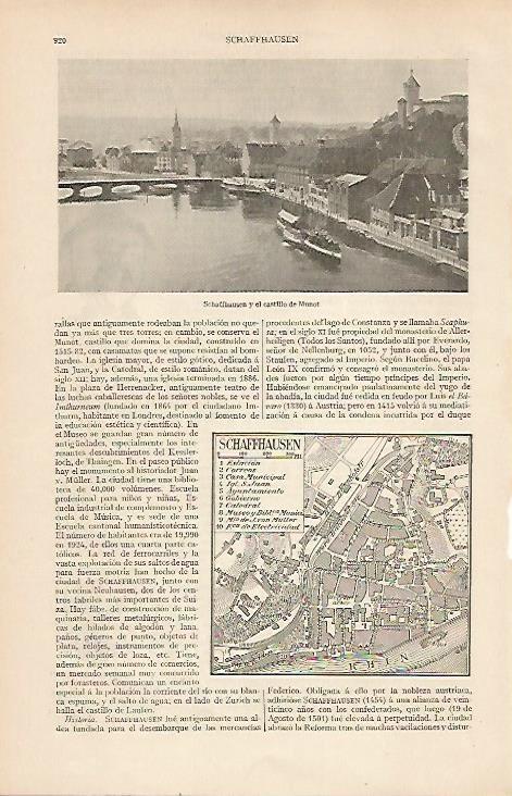 LAMINA ESPASA 19607: Plano y Castillo de Schaffhausen Suiza