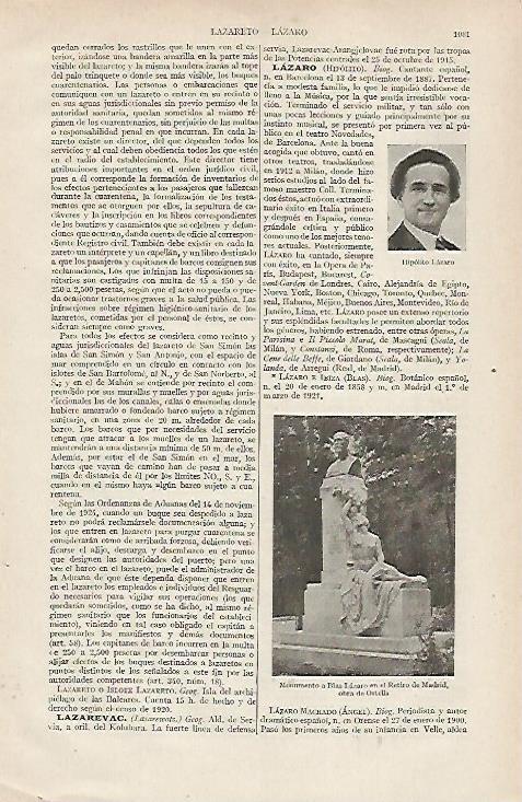 LAMINA ESPASA 19787: Monumento a Blas Lazaro en el Retiro de Madrid