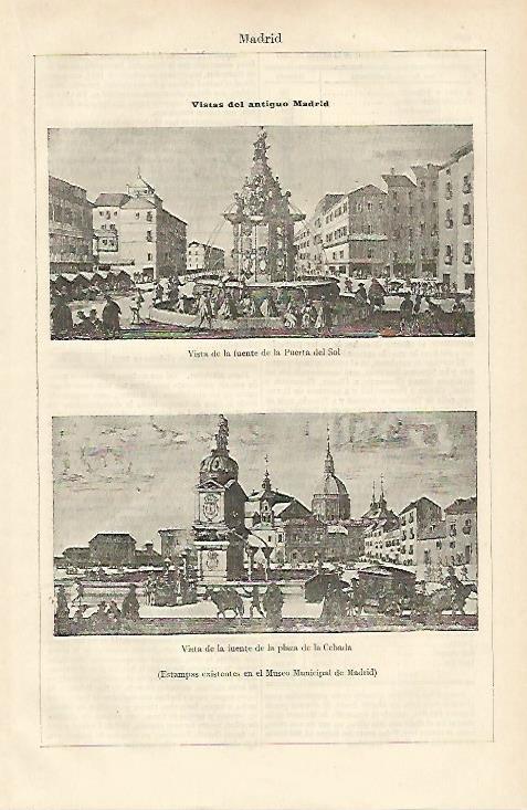 LAMINA ESPASA 19830: Vistas del antiguo Madrid (puerta del Sol y Fuente de la plaza de la Cebada)