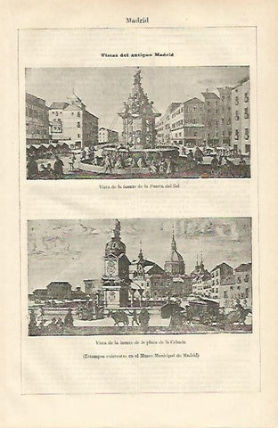 LAMINA ESPASA 19830: Vistas del antiguo Madrid (puerta del Sol y Fuente de la plaza de la Cebada)