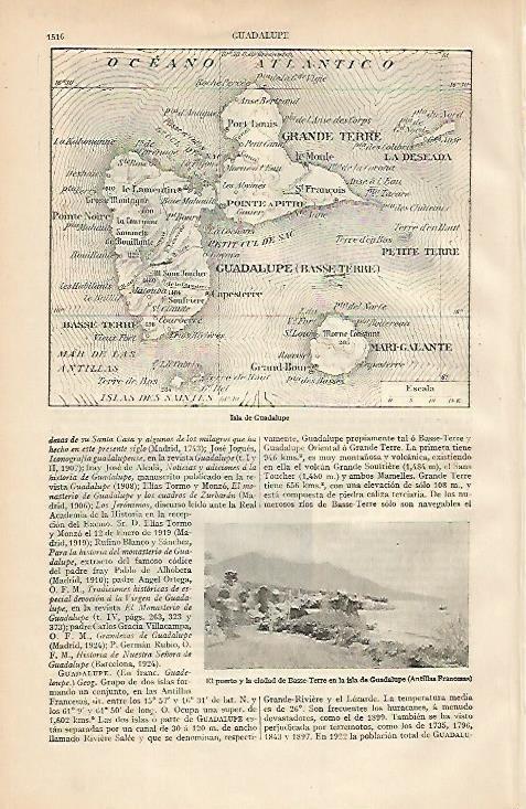 LAMINA ESPASA 2228: Mapa de la isla de Guadalupe Antillas Francesas