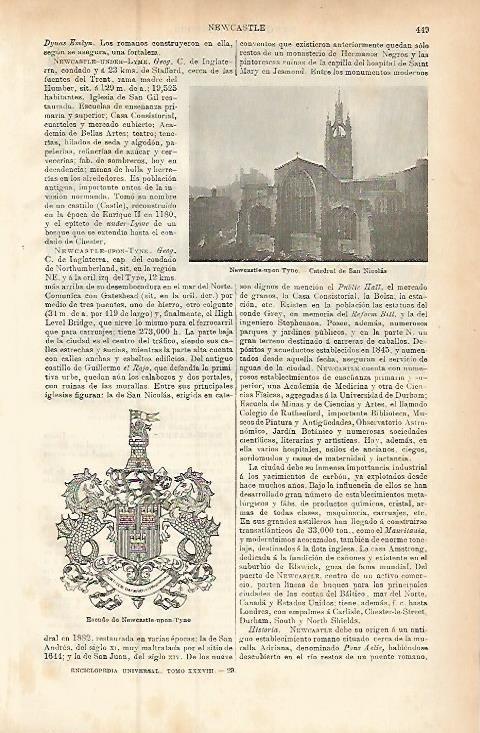 LAMINA ESPASA 9426: Catedral y escudo de Newcastle-upon-Tyne Inglaterra