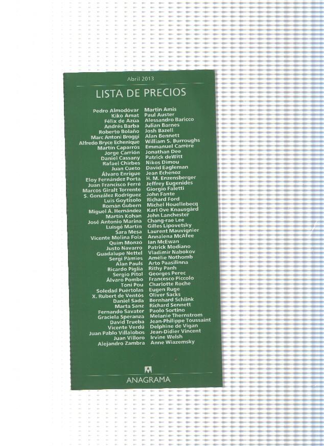 Lista de precios,editorial Anagrama abril 2013