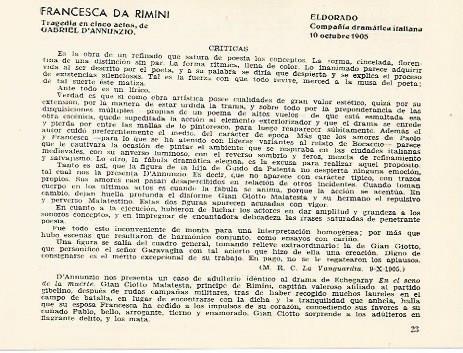 LAMINA 2483: Criticas de Francesca da Rimini. El Dorado 10 octubre 1905