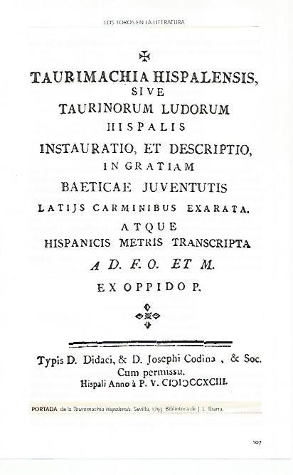 LAMINA COSSIO 51015: Portada de Tauromachia hispalensis de 1793