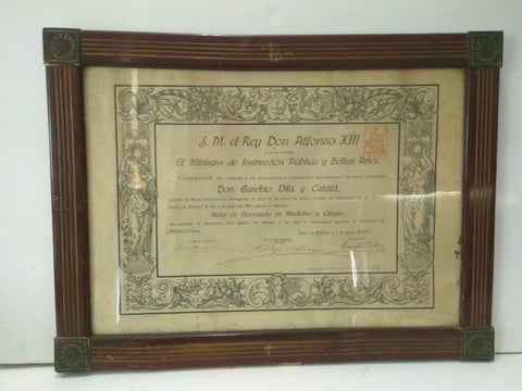 Diploma Medicina: DIPLOMA MEDICINA y CIRUGIA 1917 - Eusebio Vila y Catala (Enmarcado)