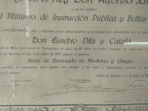 Diploma Medicina: DIPLOMA MEDICINA y CIRUGIA 1917 - Eusebio Vila y Catala (Enmarcado)