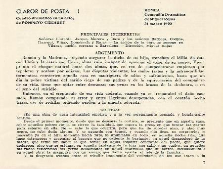 LAMINA 2564: Reparto argumento y criticas de Claror de Posta. Romea 31 marzo 1905