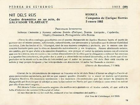 LAMINA 2909: Reparto y criticas de Nit de Reis. Romea 5 enero 1903