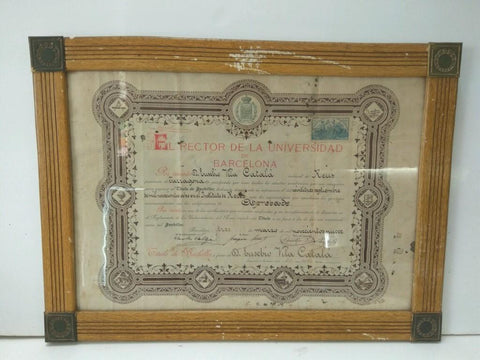 Diploma Bachiller: DIPLOMA BACHILLER 1909, UNIVERSIDAD DE BARCELONA - Eusebio Vila y Catala (Enmarcado)