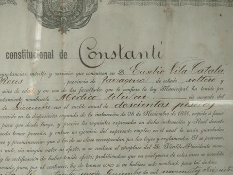 Diploma Medico Titular: DIPLOMA MEDICO TITULAR 1917 de la localidad de CONSTANTI a Eusebio Vila Catala (Enmarcado)