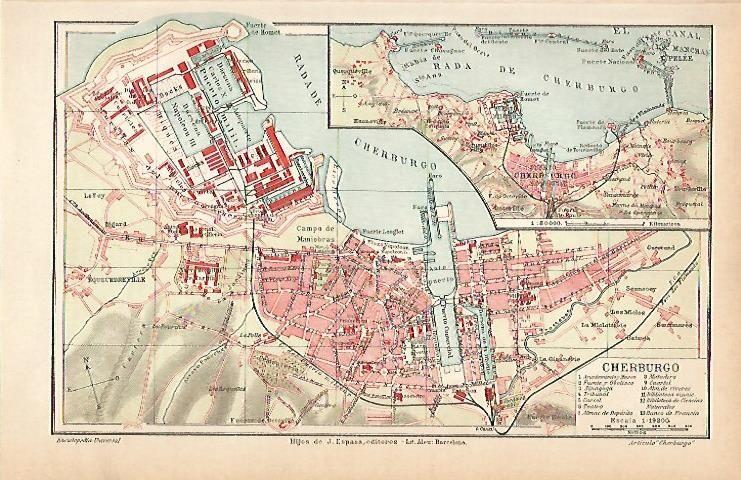 LAMINA ESPASA 1925: Plano de Cherburg Francia