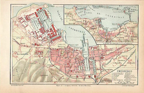 LAMINA ESPASA 1925: Plano de Cherburg Francia