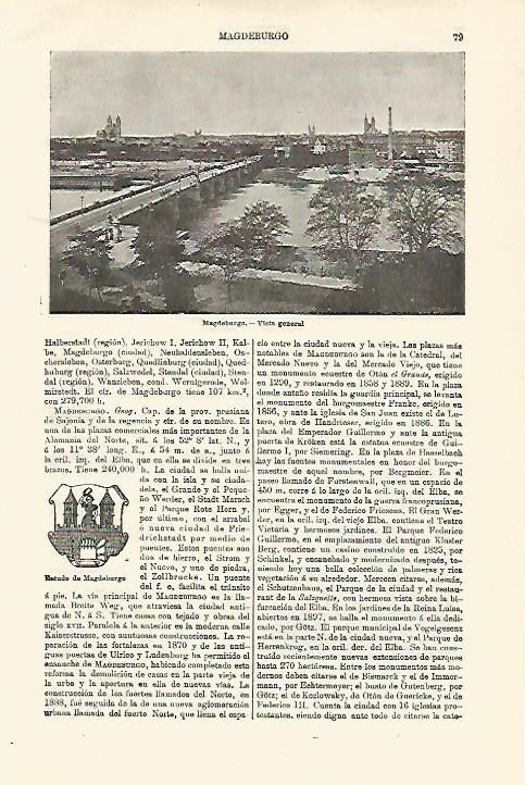 LAMINA ESPASA 18497: Vista y escudo de Magdeburgo Alemania