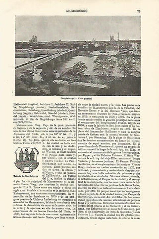LAMINA ESPASA 18497: Vista y escudo de Magdeburgo Alemania