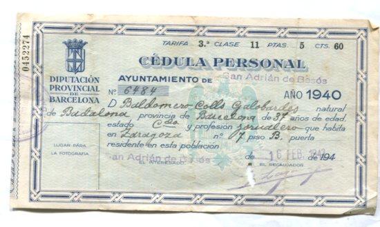 Recibo Cedula Personal del Ayuntamiento de San Adrian de Besos del año 1940