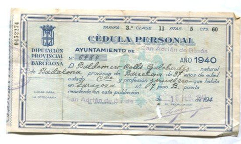 Recibo Cedula Personal del Ayuntamiento de San Adrian de Besos del año 1940