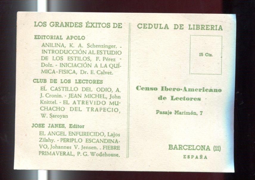 Cedula de libreria propaganda de las editoriales Apolo, Club de los Lectores y Jose Jane Editor