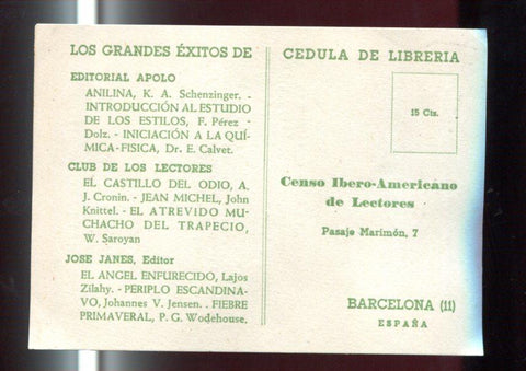 Cedula de libreria propaganda de las editoriales Apolo, Club de los Lectores y Jose Jane Editor