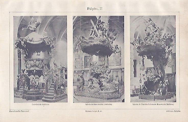LAMINA ESPASA 20620: Pulpitos de la Catedral de Amberes Iglesia de San Andres en Amberes y de la iglesia de Nuestra Señora de Hanswyck