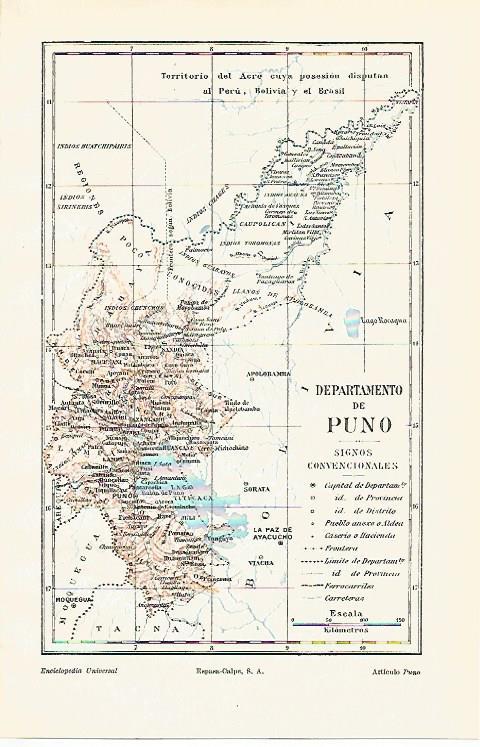 LAMINA ESPASA 20631: Mapa del Departamento de Puno Peru