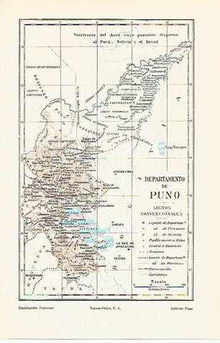 LAMINA ESPASA 20631: Mapa del Departamento de Puno Peru