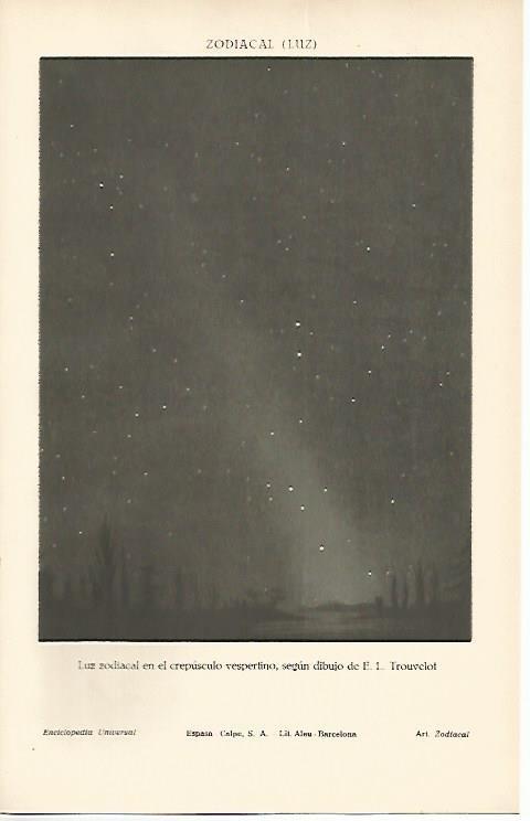 LAMINA ESPASA 1670: Luz zodiacal en el crespuculo vespertino dibujo de Trouvelot