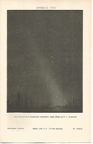 LAMINA ESPASA 1670: Luz zodiacal en el crespuculo vespertino dibujo de Trouvelot