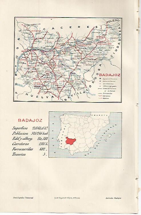 LAMINA ESPASA 9662: Mapa de la provincia de Badajoz