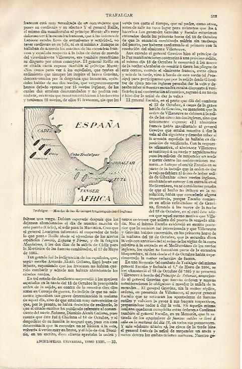 LAMINA ESPASA 11033: Mapa de las divisiones francoespañolas e inglesas en Trafalgar