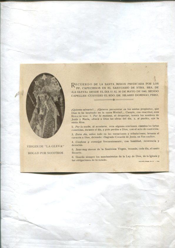 Foto/Tarjeta: Virgen de la Gleva: Recuerdo Santa Mision 1940