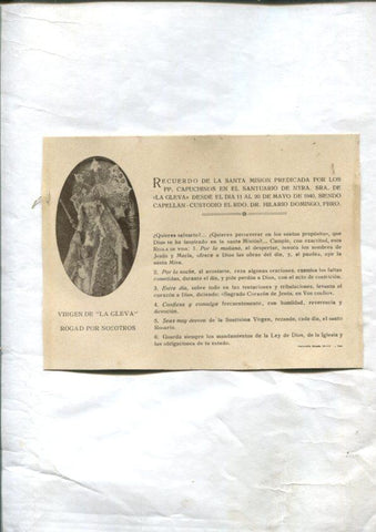 Foto/Tarjeta: Virgen de la Gleva: Recuerdo Santa Mision 1940