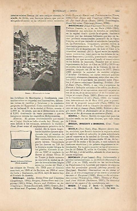 LAMINA ESPASA 11706: Mercado de frutas y escudo de Bozen Austria