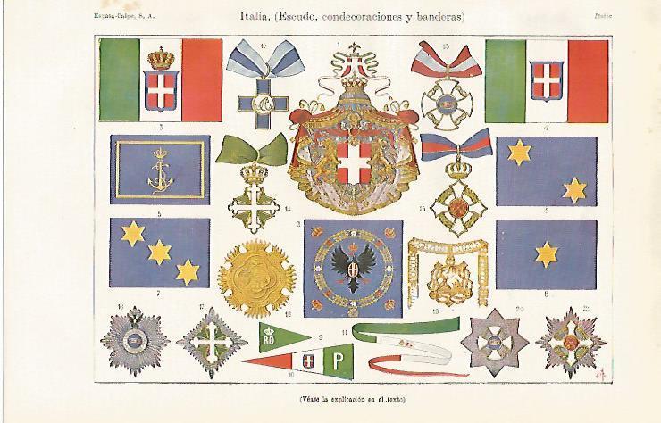 LAMINA ESPASA 20894: Escudo banderas y condecoraciones de Italia
