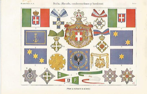 LAMINA ESPASA 20894: Escudo banderas y condecoraciones de Italia