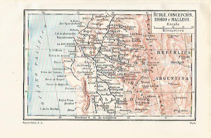 LAMINA ESPASA 21225: Mapa dee Ñuble Concepcion y Malleco