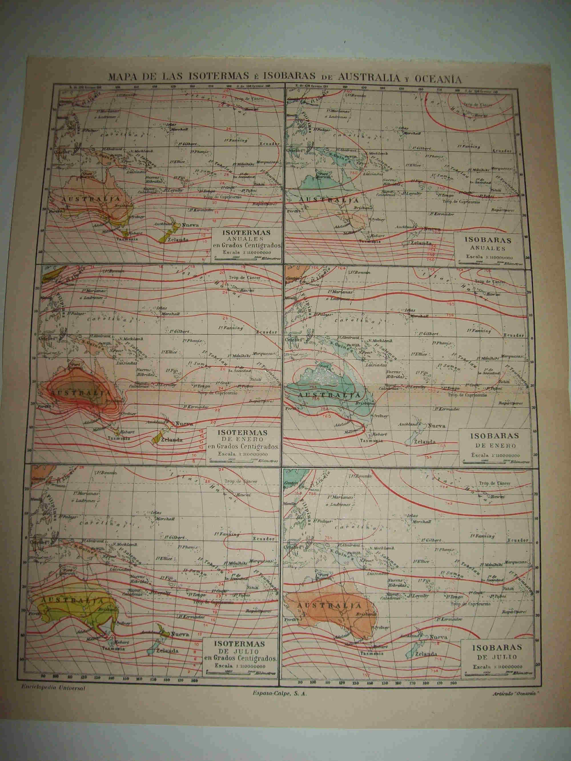 LAMINA ESPASA 21282: Mapa de las isotermas e isobaras de Australia y Oceania