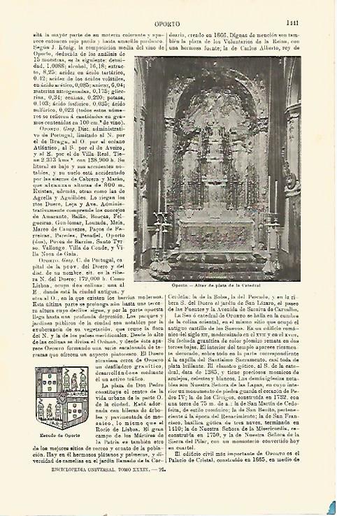 LAMINA ESPASA 21428: Altar de la Catedral de Oporto Portugal