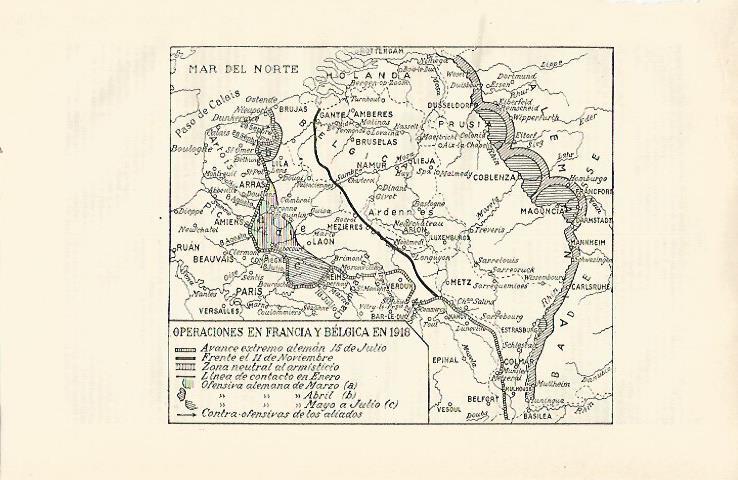 LAMINA ESPASA 21459: Mapa de las operaciones en Francia y Belgica en 1918