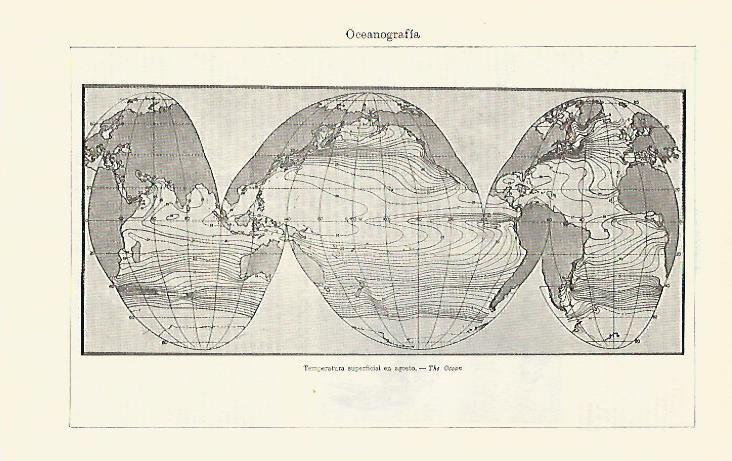 LAMINA ESPASA 21844: Oceanografia temperatura superficial en agosto