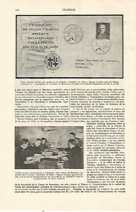 LAMINA ESPASA 21992: Sobre de la Primera Exposicion de Sellos y Marcas Postales para periodicos
