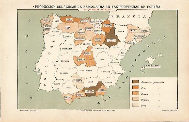 LAMINA ESPASA 7193: Mapa de la produccion de remolacha en España