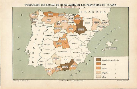 LAMINA ESPASA 7193: Mapa de la produccion de remolacha en España