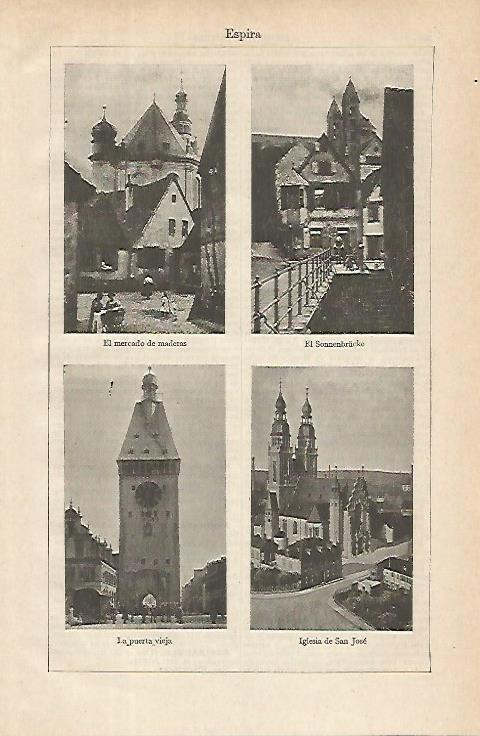 LAMINA ESPASA Alemania 16264: Mercado de maderas iglesias y puerta vieja de Espira Alemania
