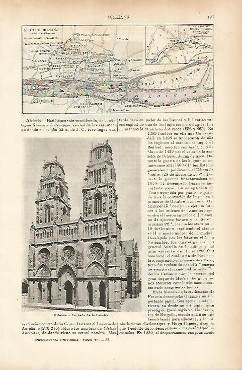 LAMINA ESPASA 7605: Mapa del Sitio de Orleans. Catedral de Orleans