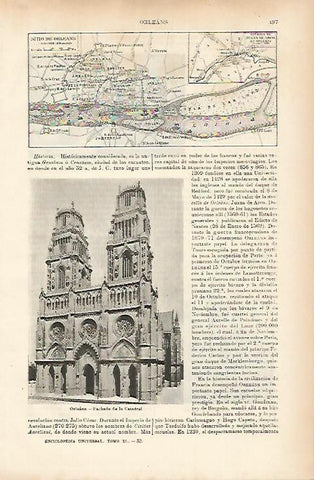 LAMINA ESPASA 7605: Mapa del Sitio de Orleans. Catedral de Orleans